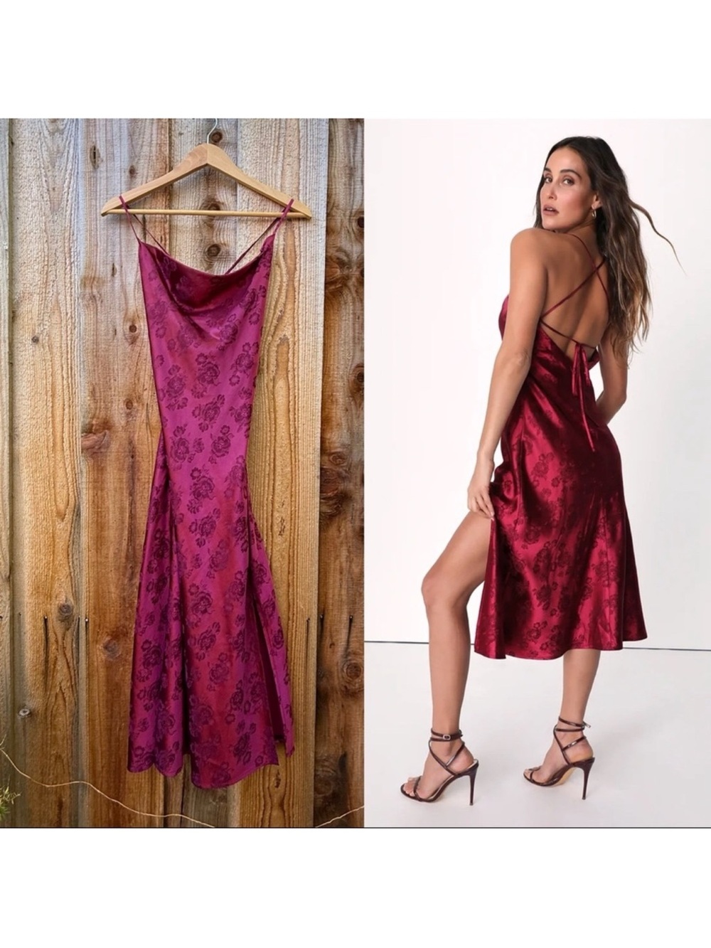 Burgundy Wine Red Jacquard Satin Cowl Lace-Up Backless Midi Dress 🌿🪷
